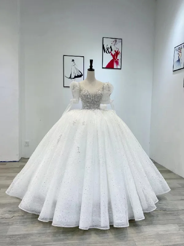 White Tulle Sequins Beading Short Sleeve Wedding Dress Luxury Wedding Dress