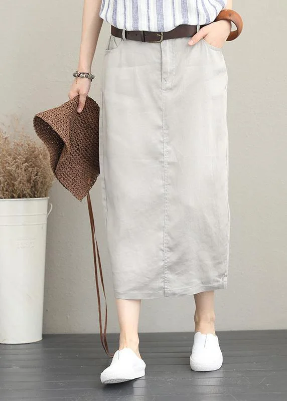 Khaki ramie mid-length skirt with elastic waist Striped unclassified skirts