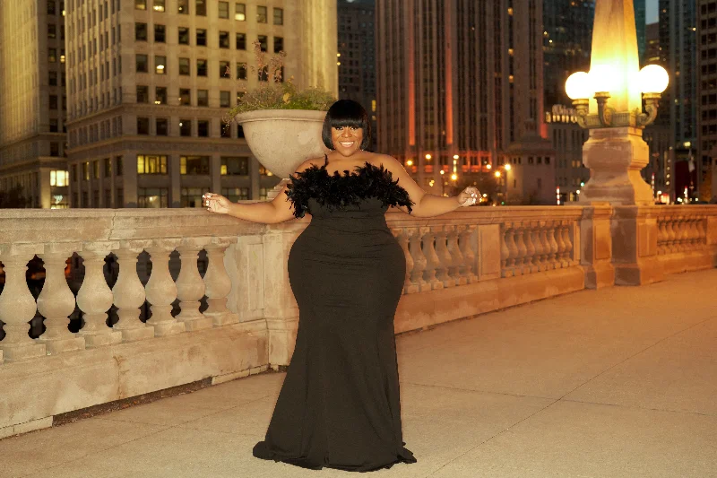 Black Chella Strapless Feather Gown Ruffled unclassified dresses