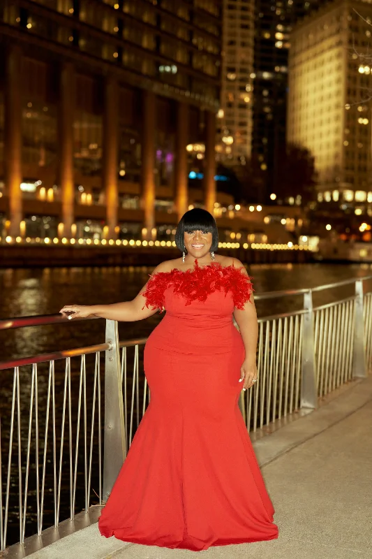 Red Chella Strapless Feather Gown Tiered unclassified dresses