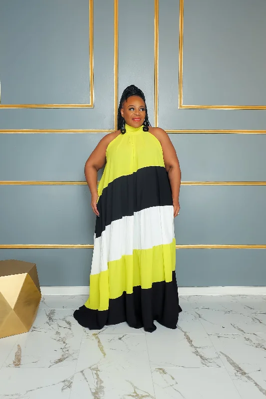 Yellow Tri Color-Block Halter Dress Plus size unclassified dresses