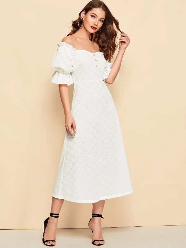 Button Front Ruffle Puff Sleeve Flare Bardot Dress Trendy new unclassified dresses